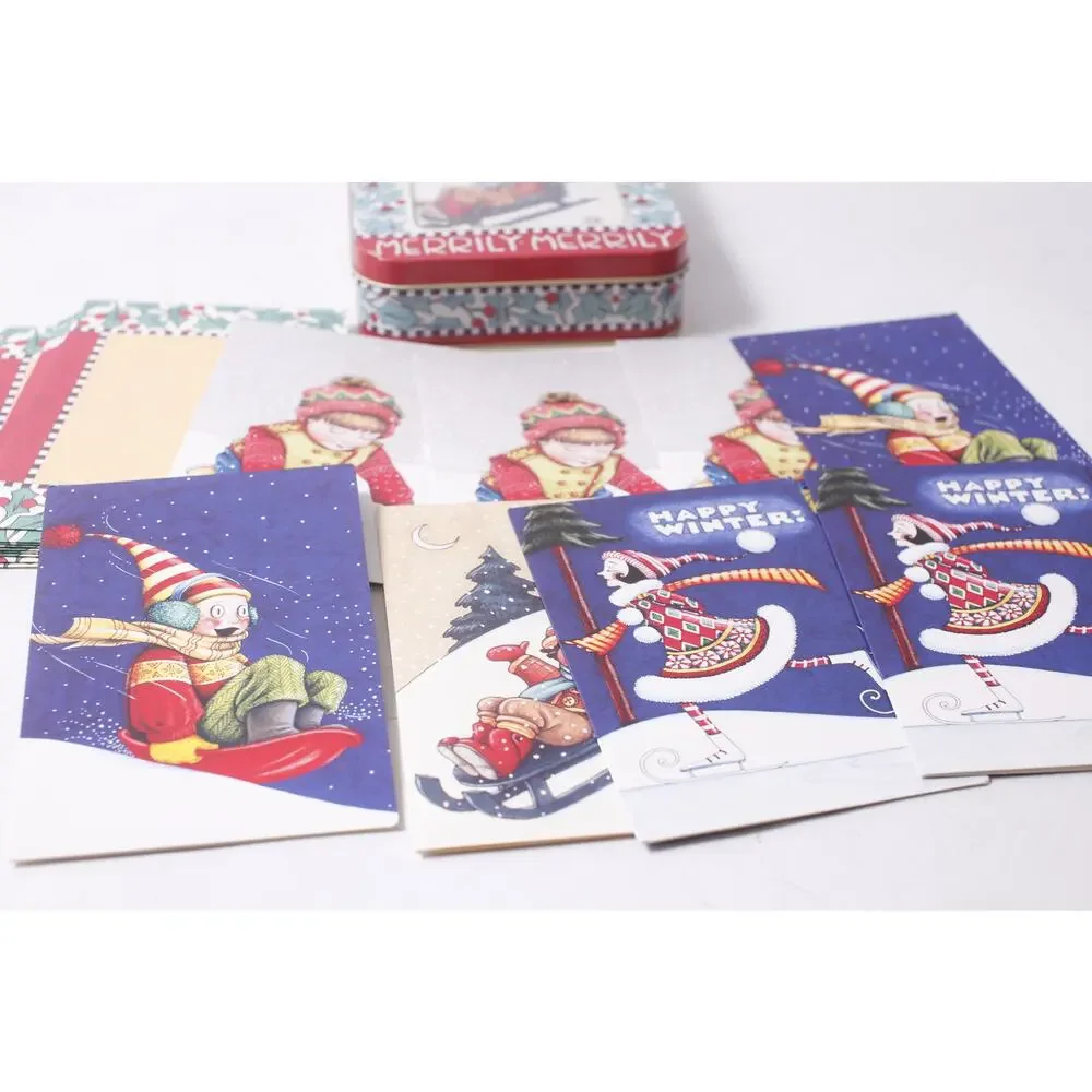 Mary Engelbreit Merrily-Merrily Tin w Christmas Cards Envelopes ~ 260618-WH 1116